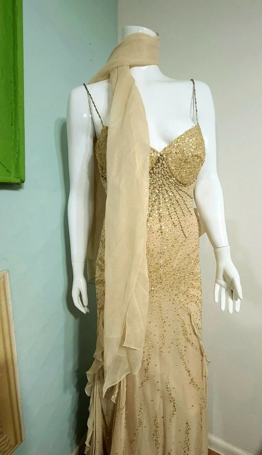 00's Shimmery Gold and Sequin Gown by Diane Freis