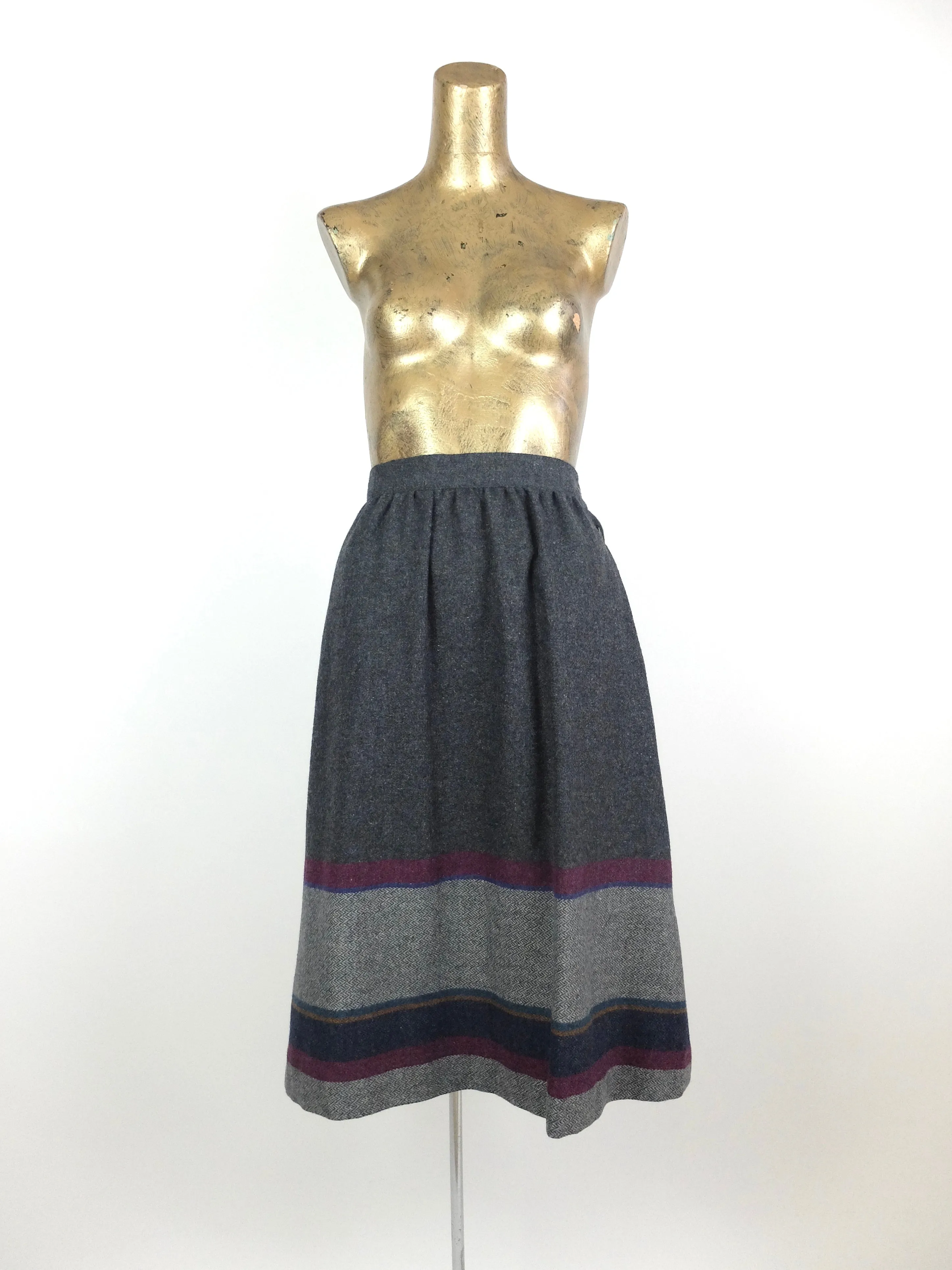 1980s does 50s Mod Wool High Waisted Fit and Flare Below-the-Knee Circle Midi Skirt