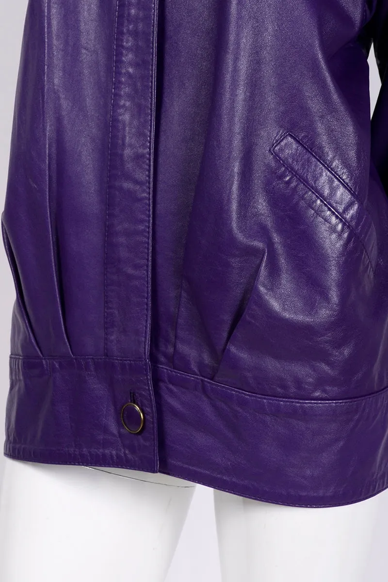 1980's Oversized Purple Leather Jacket with High Collar and Pockets