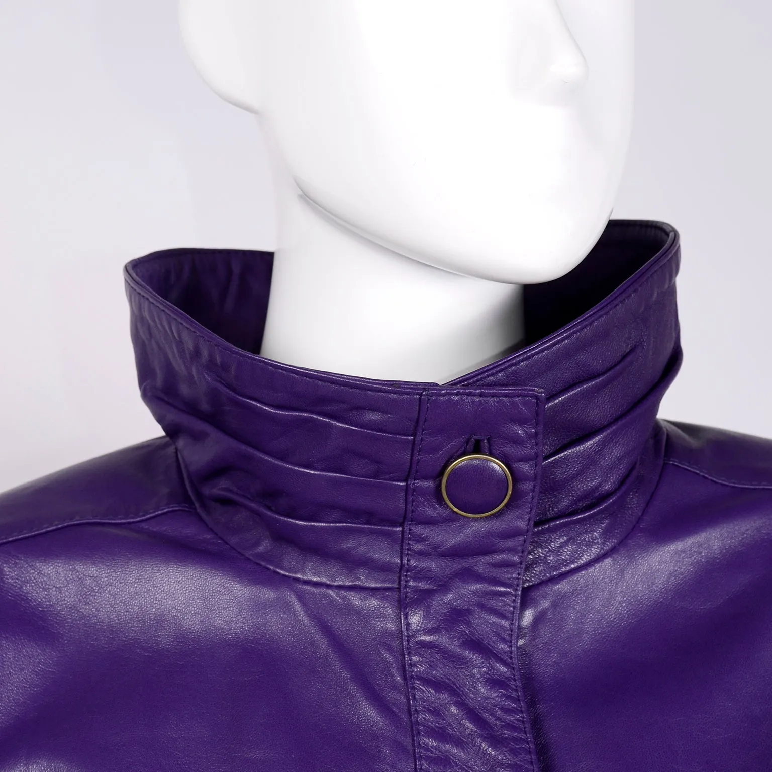 1980's Oversized Purple Leather Jacket with High Collar and Pockets