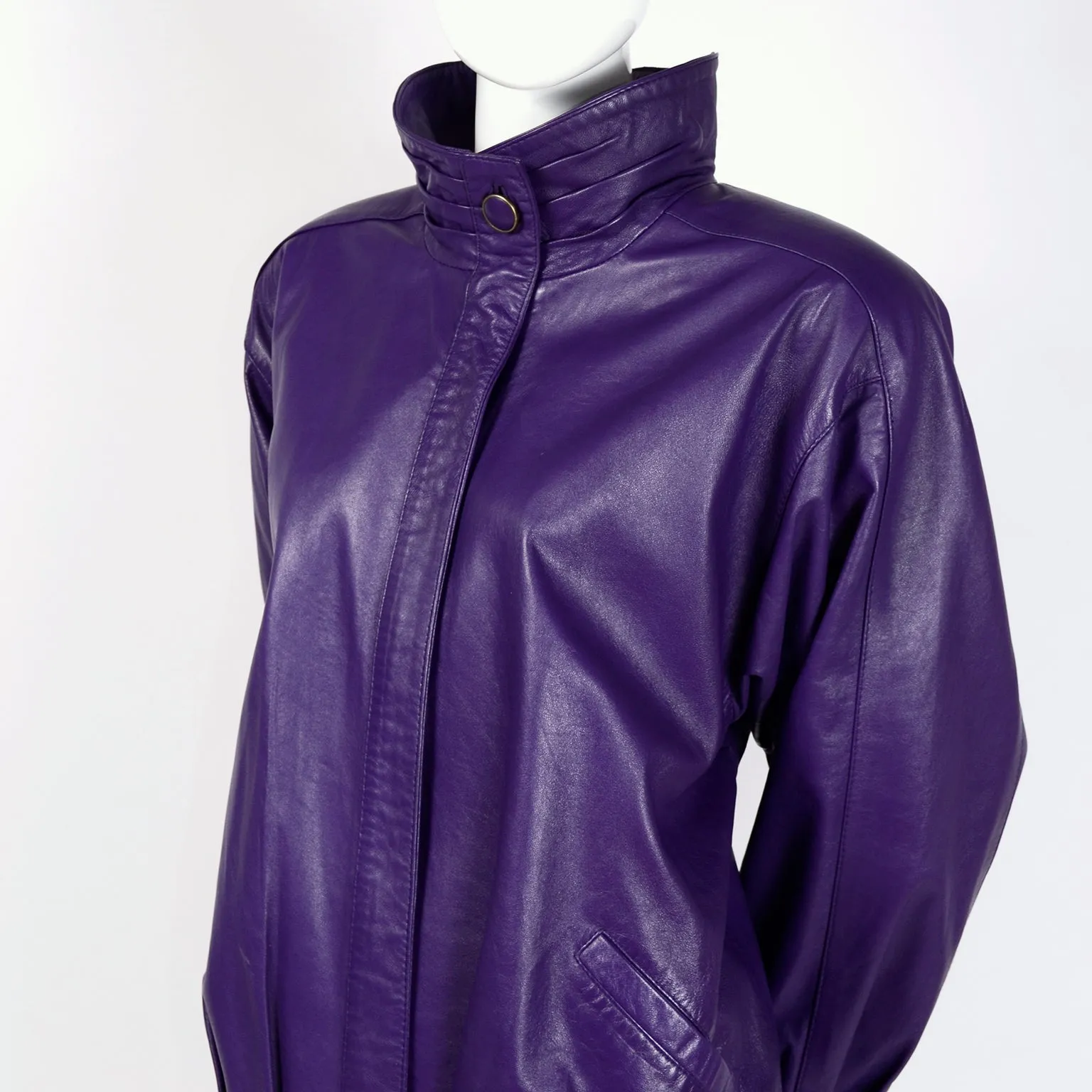 1980's Oversized Purple Leather Jacket with High Collar and Pockets