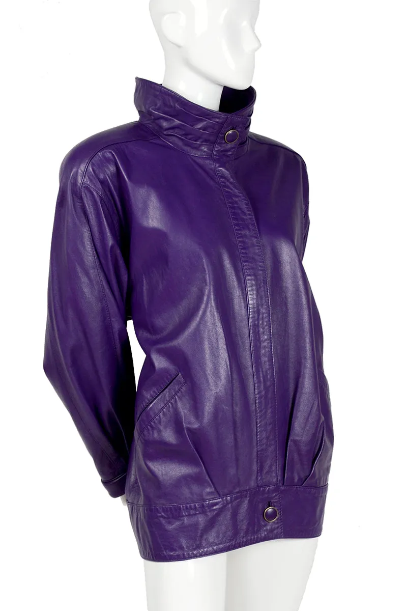 1980's Oversized Purple Leather Jacket with High Collar and Pockets