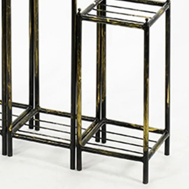 2 Tier Square Slatted Top Plant Stand, Set Of 3, Black And Gold By Benzara