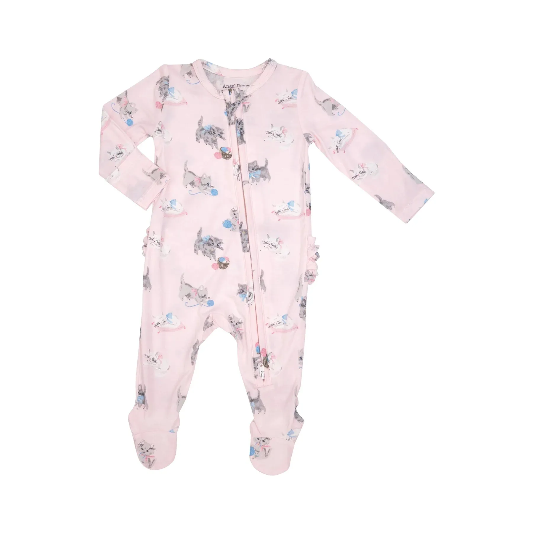 2 way zipper ruffle back pink footie with cats for baby girl