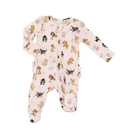 2 way zipper ruffle back pink with dogs footie for baby girl