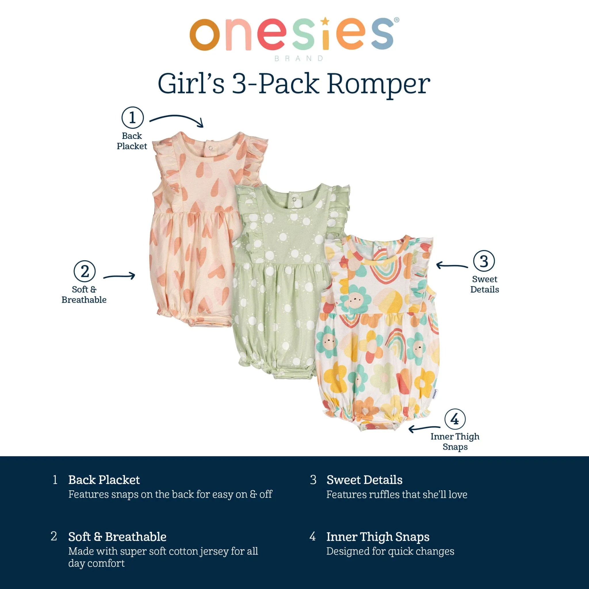 3-Pack Baby Girls Garden Rompers