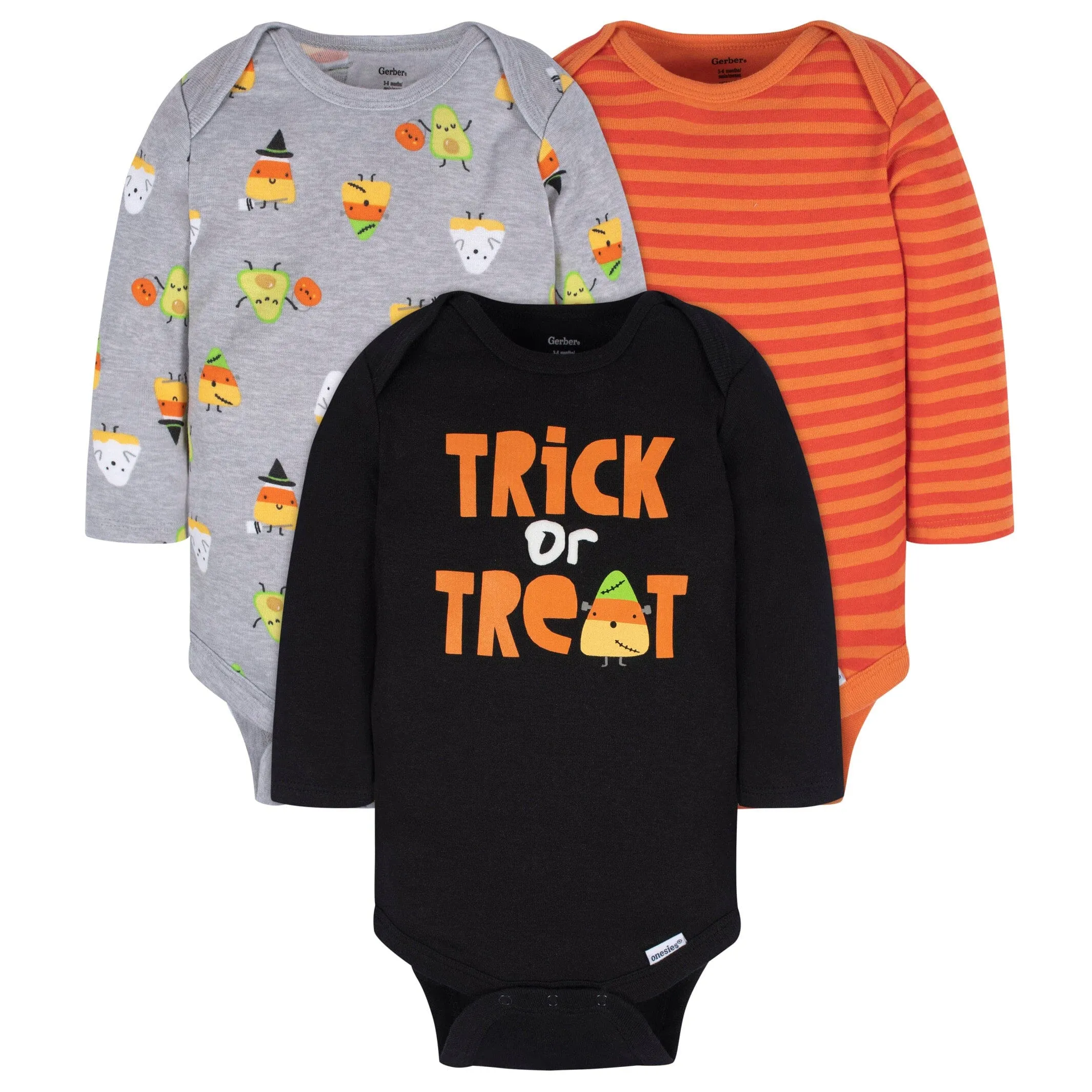 3-Pack Baby Neutral Trick Or Treat Long Sleeve Onesies® Bodysuits