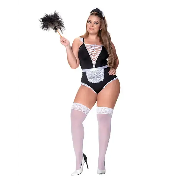 3 Pc French Maid Bodysuit, Apron & Head Piece Black/white