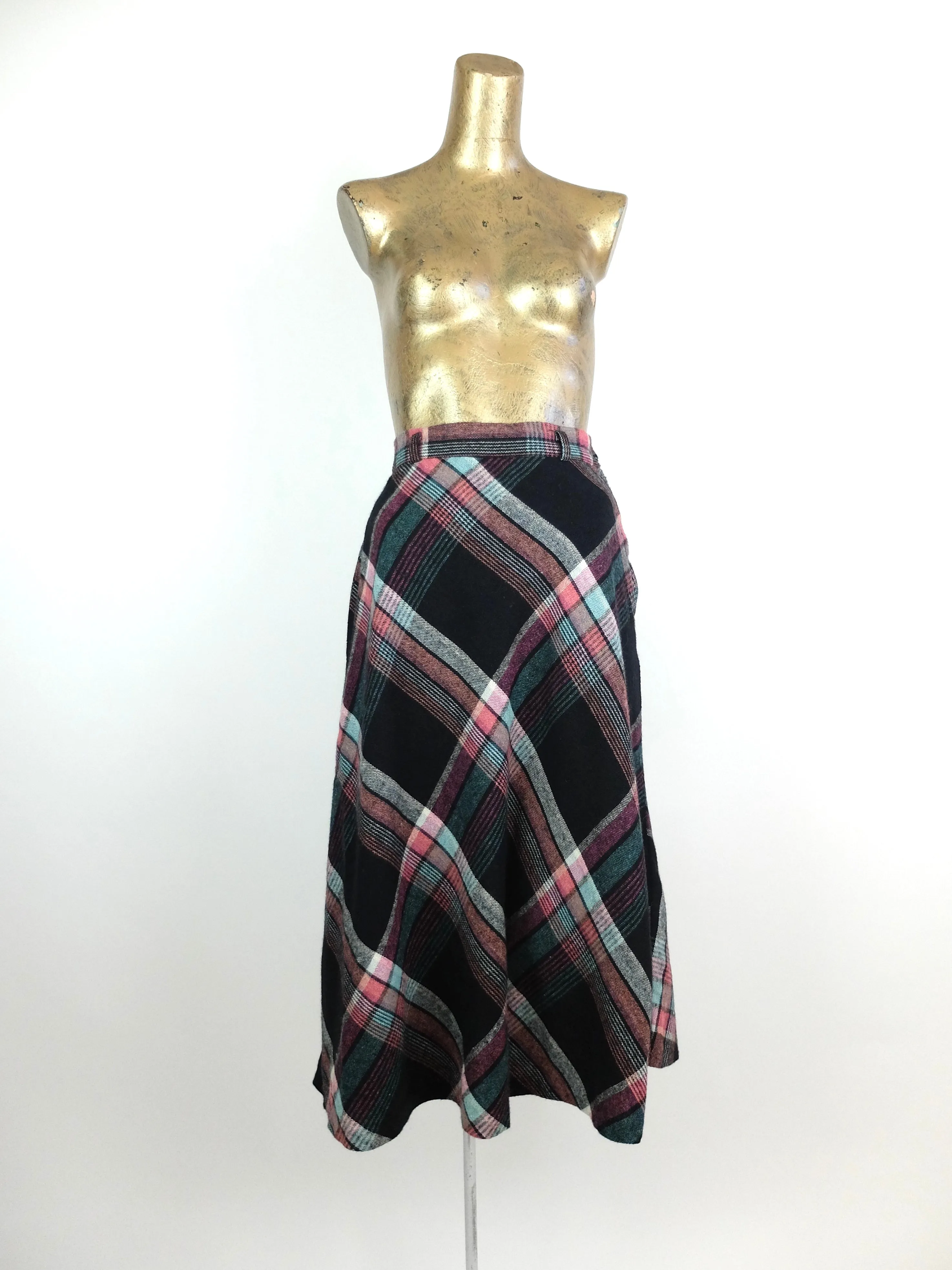 50s Mod Black and Pink Wool Tartan Argyle Check Print High Waisted Full Circle Midi Skirt