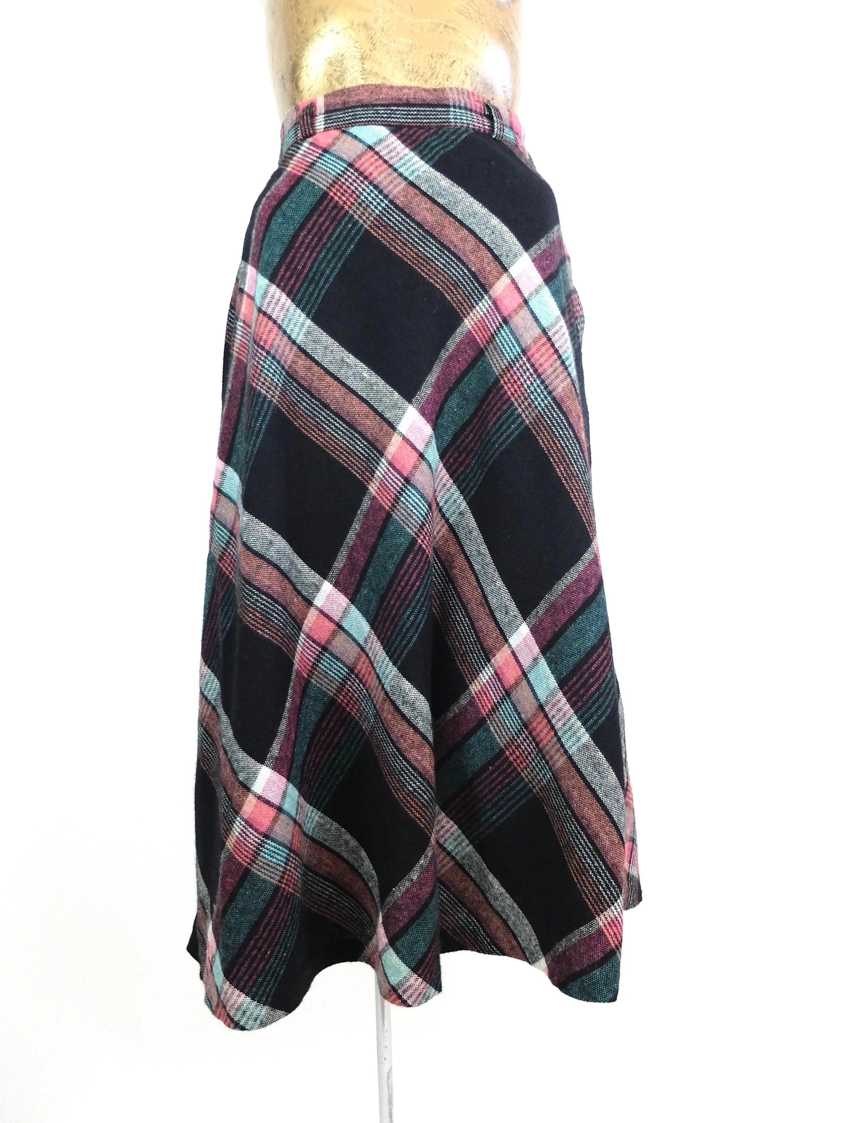 50s Mod Black and Pink Wool Tartan Argyle Check Print High Waisted Full Circle Midi Skirt