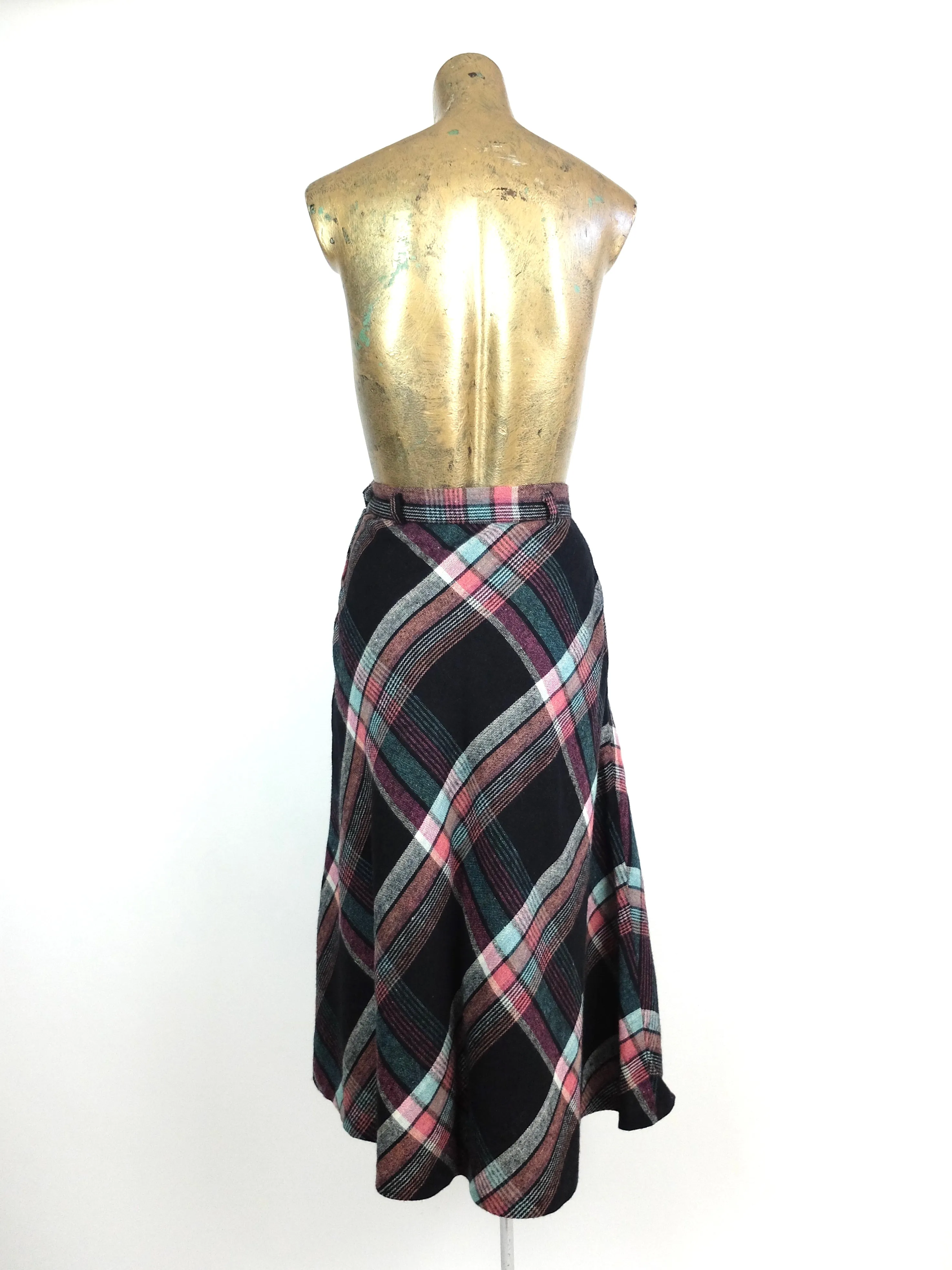 50s Mod Black and Pink Wool Tartan Argyle Check Print High Waisted Full Circle Midi Skirt