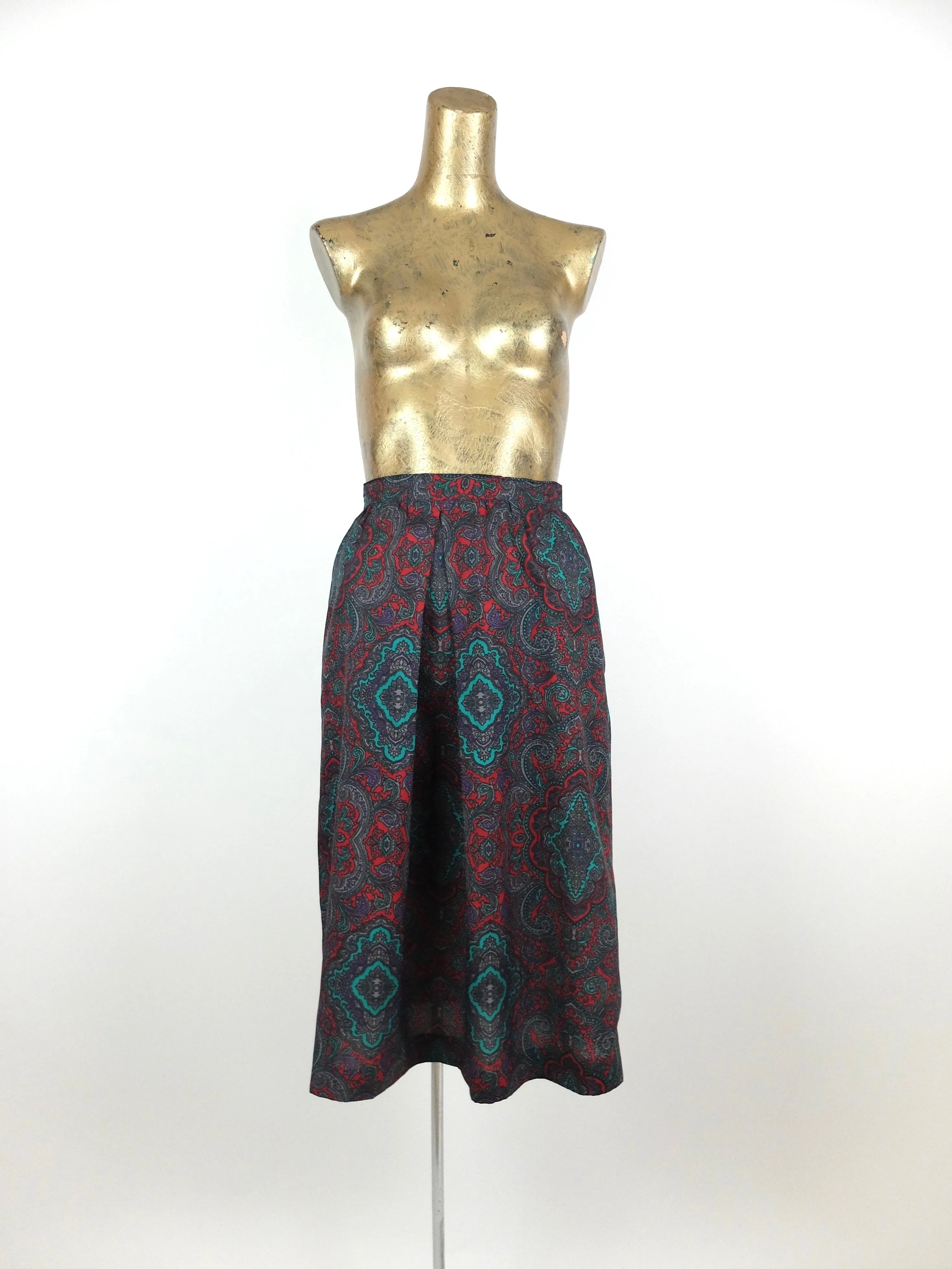 60s Mod Psychedelic Paisley High Waisted Pleated Below-the-Knee Midi Skirt