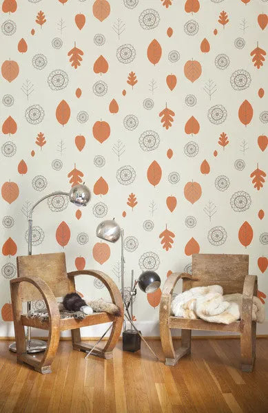 A View of the Woods Wallpaper in Coquelicot, Mink, and Cream