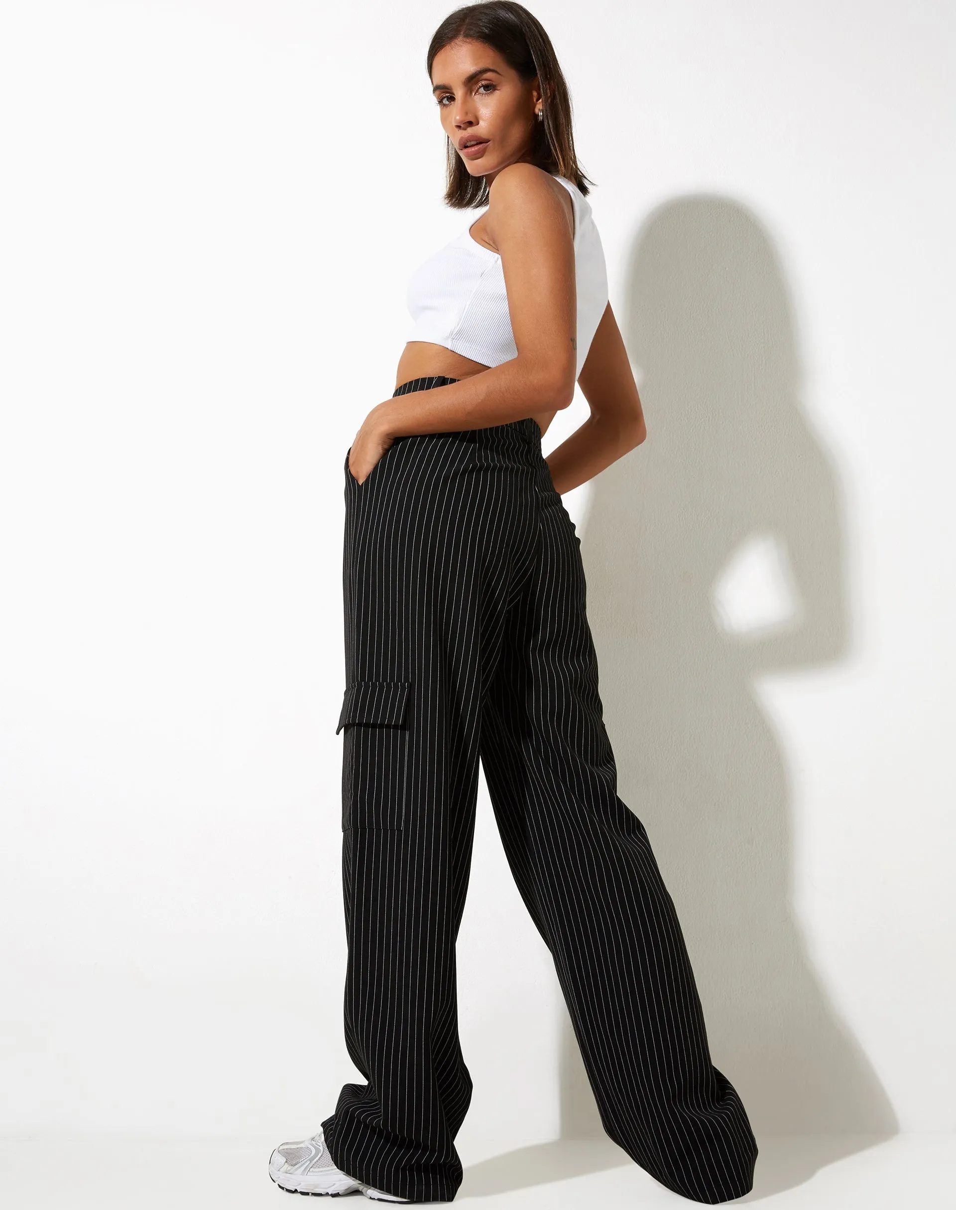 Abba Cargo Trouser in Pinstripe Black