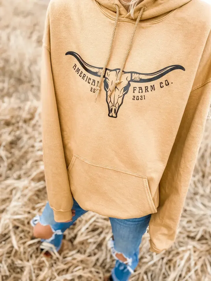 American Farm Co."Skull Horns" Logo Hoodie in Old Gold