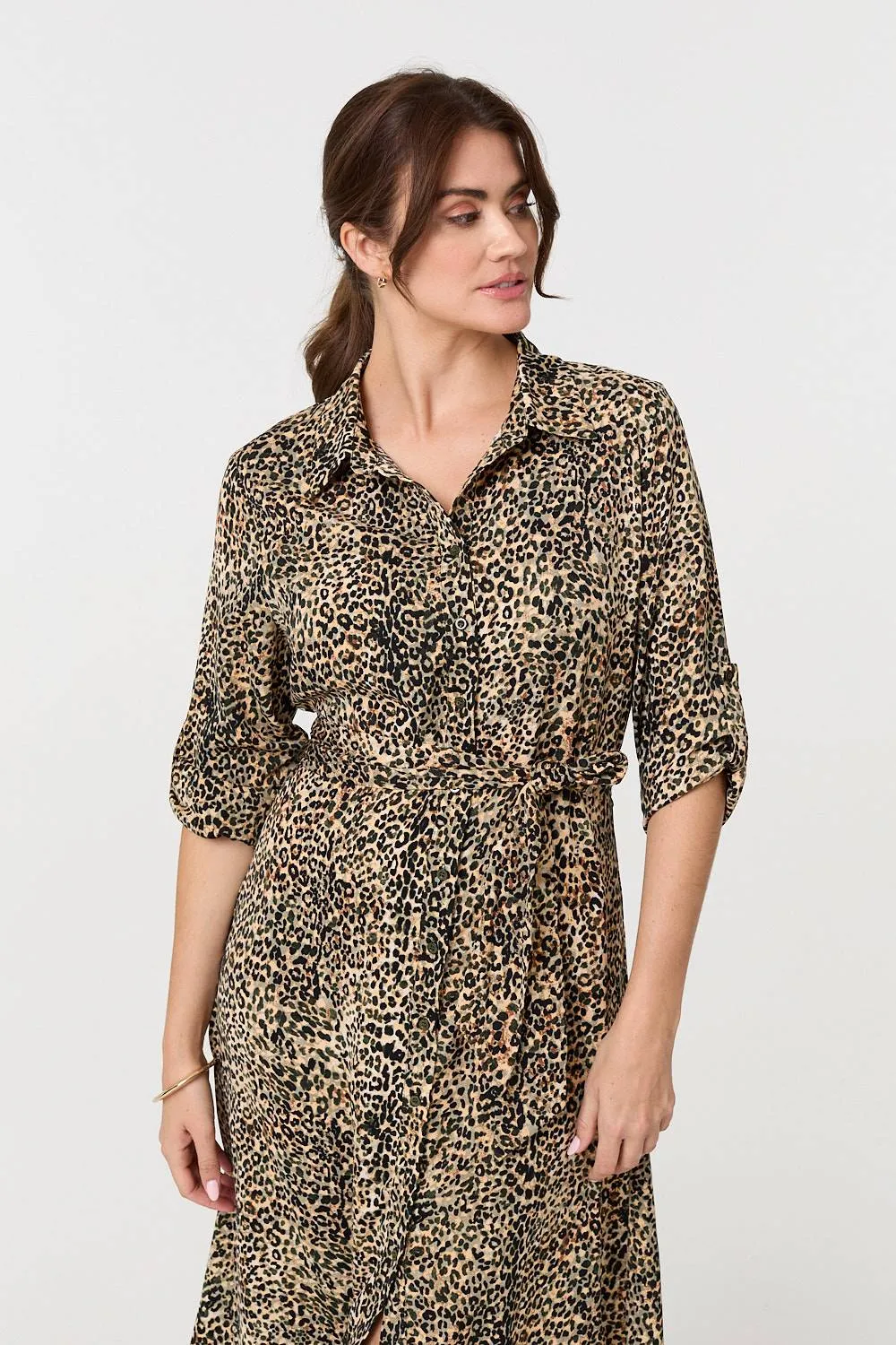 Animal Print Tie Waist Midi Shirt Dress