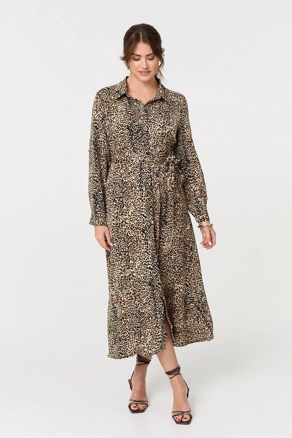 Animal Print Tie Waist Midi Shirt Dress