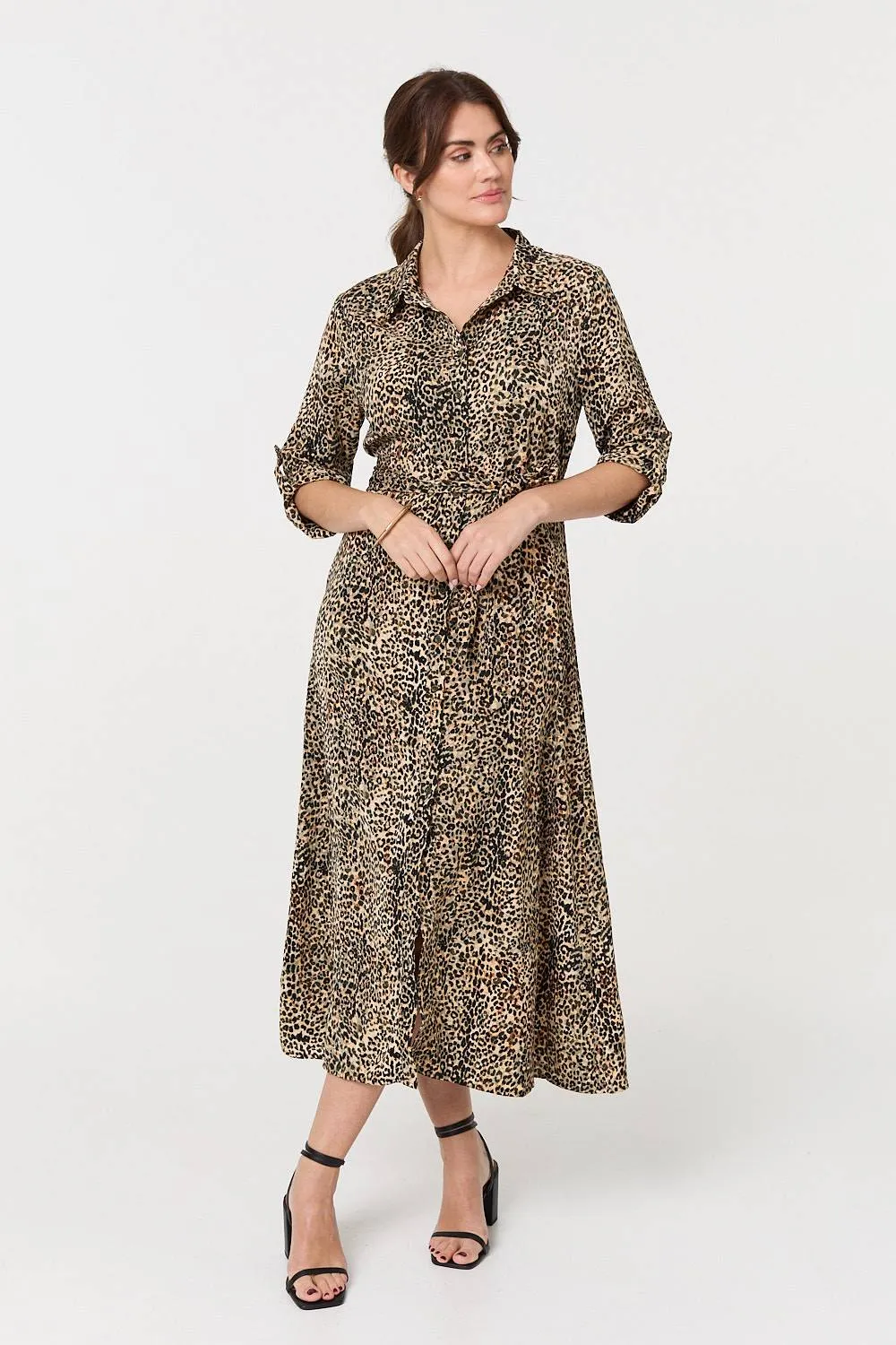 Animal Print Tie Waist Midi Shirt Dress