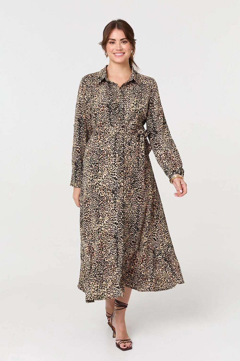 Animal Print Tie Waist Midi Shirt Dress