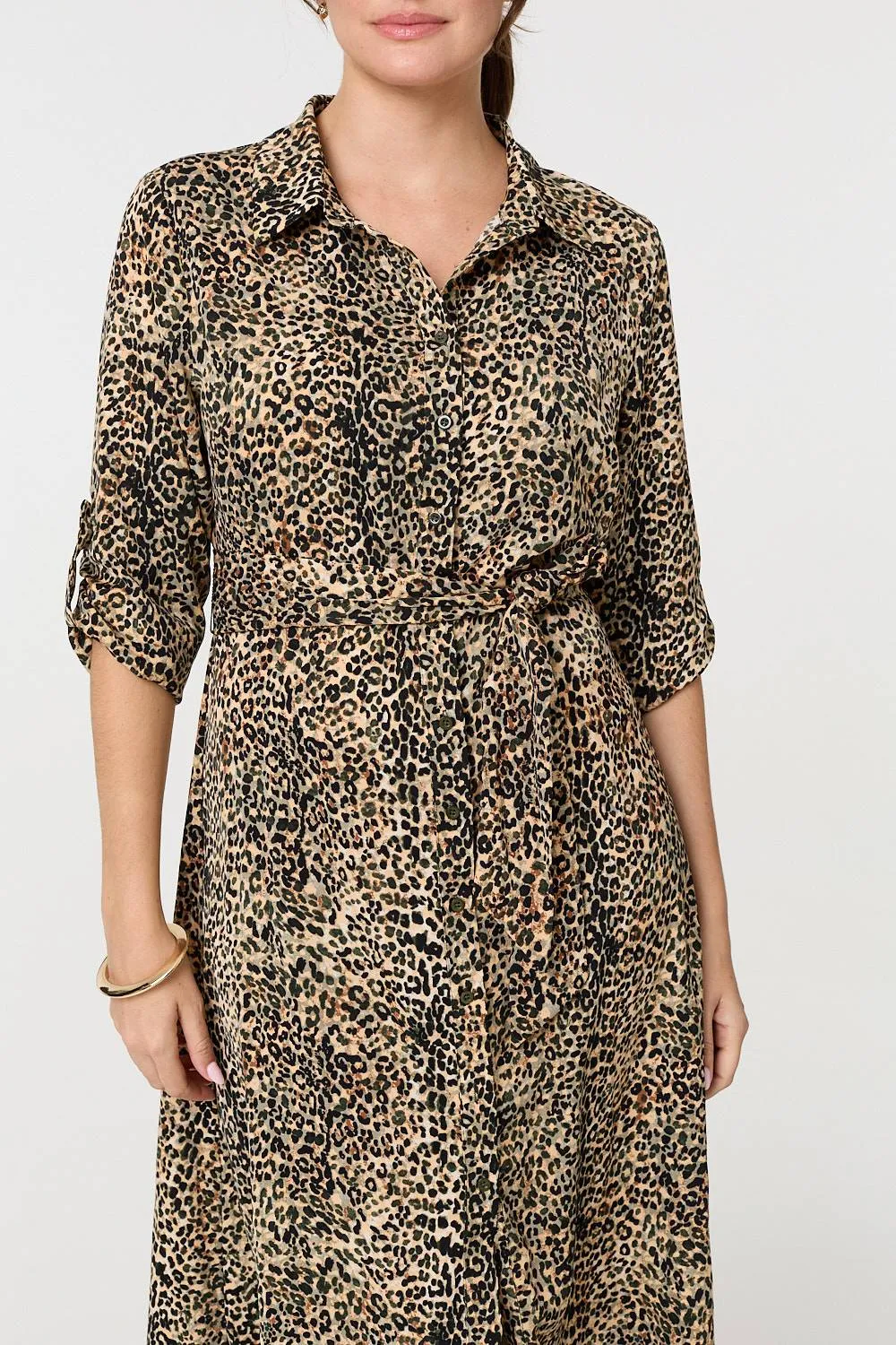 Animal Print Tie Waist Midi Shirt Dress