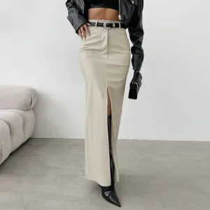 Autumn Premium Elegant Fleece Lined Matte Leather High Waist Slim Fit Sexy Slit Straight Skirt Women Wear No Belt