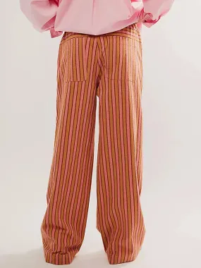 Baggy Drawstring Waist Wide Leg Striped Floor Length Trousers with Pockets Casual Pants