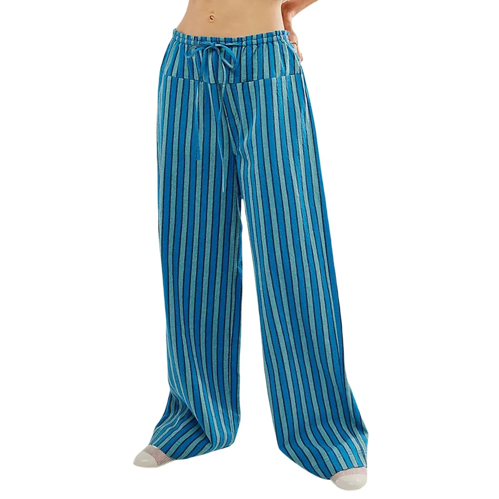 Baggy Drawstring Waist Wide Leg Striped Floor Length Trousers with Pockets Casual Pants