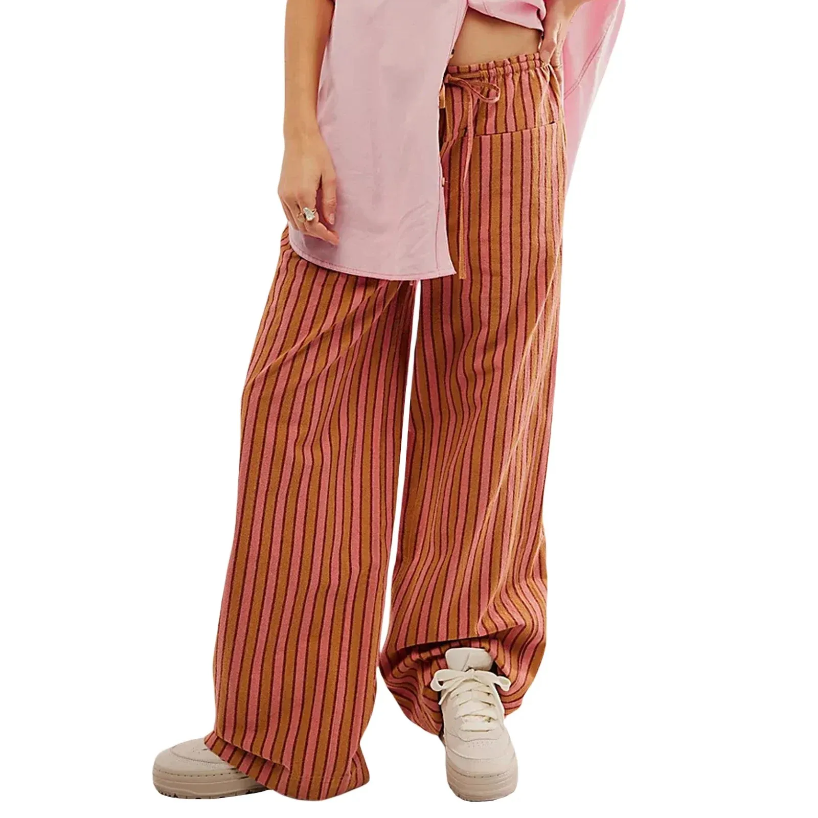 Baggy Drawstring Waist Wide Leg Striped Floor Length Trousers with Pockets Casual Pants