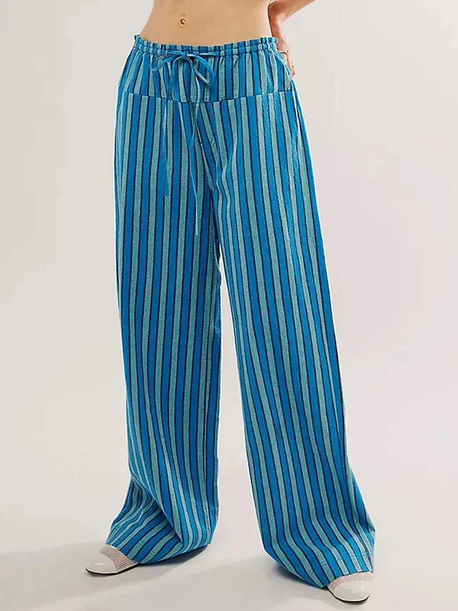 Baggy Drawstring Waist Wide Leg Striped Floor Length Trousers with Pockets Casual Pants