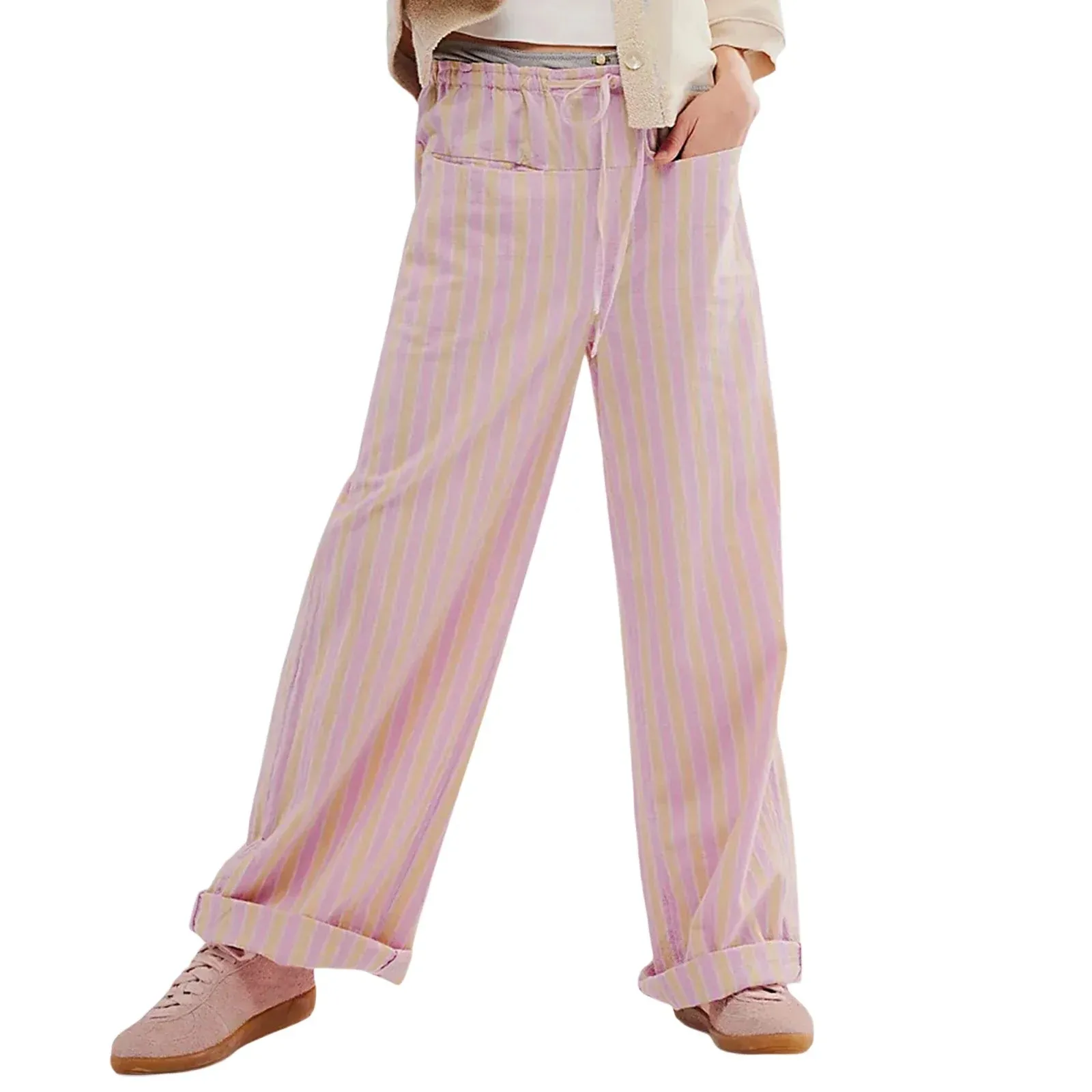 Baggy Drawstring Waist Wide Leg Striped Floor Length Trousers with Pockets Casual Pants