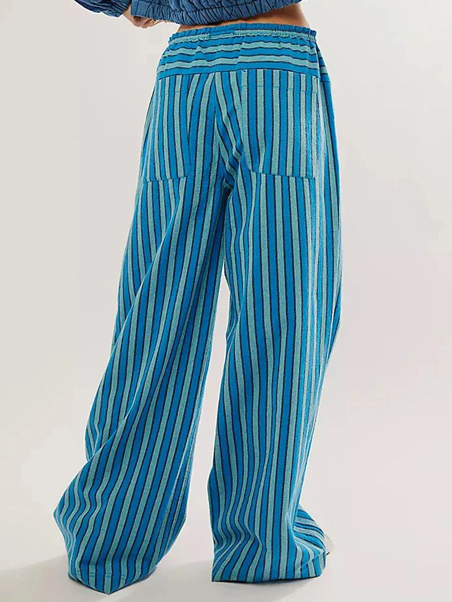 Baggy Drawstring Waist Wide Leg Striped Floor Length Trousers with Pockets Casual Pants