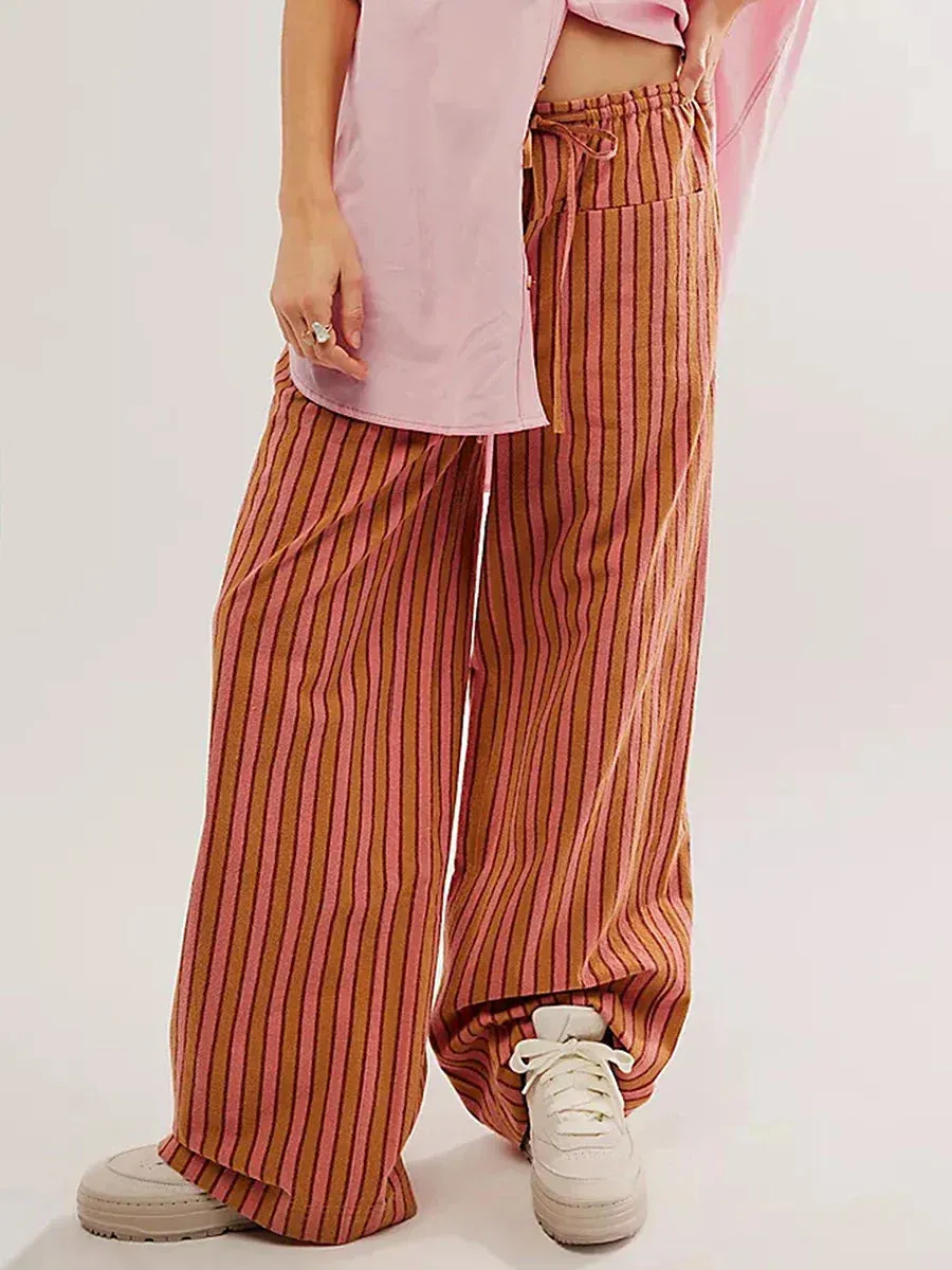 Baggy Drawstring Waist Wide Leg Striped Floor Length Trousers with Pockets Casual Pants