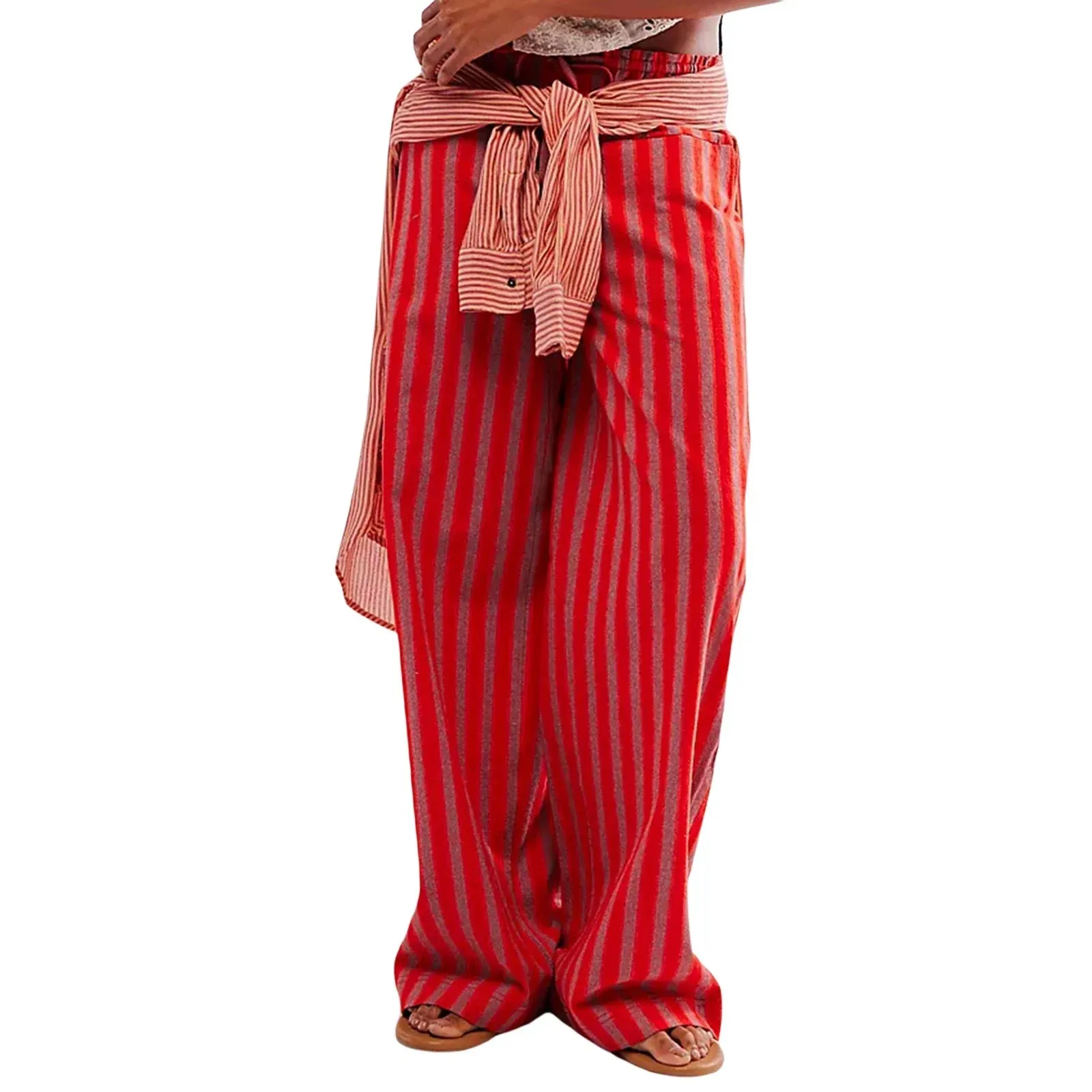 Baggy Drawstring Waist Wide Leg Striped Floor Length Trousers with Pockets Casual Pants