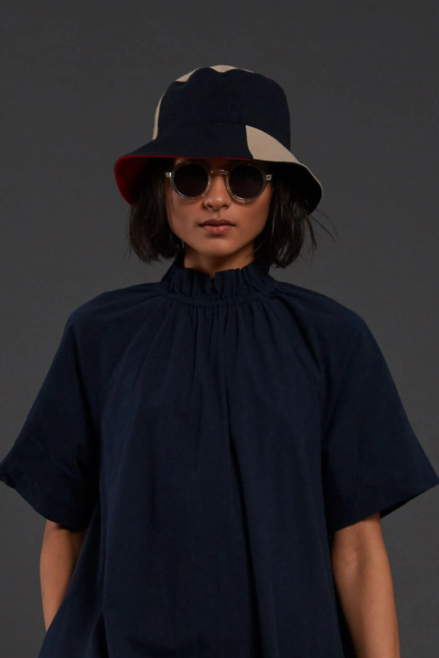 Beige & Navy Blue Block Bucket Hat