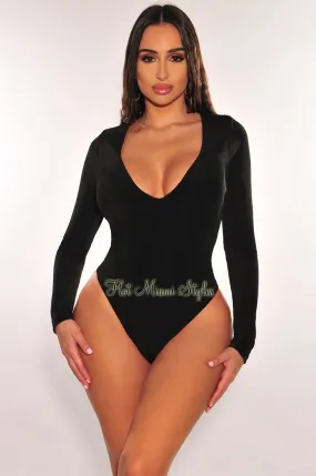 Black Shimmery V Neck Long Sleeve Bodysuit