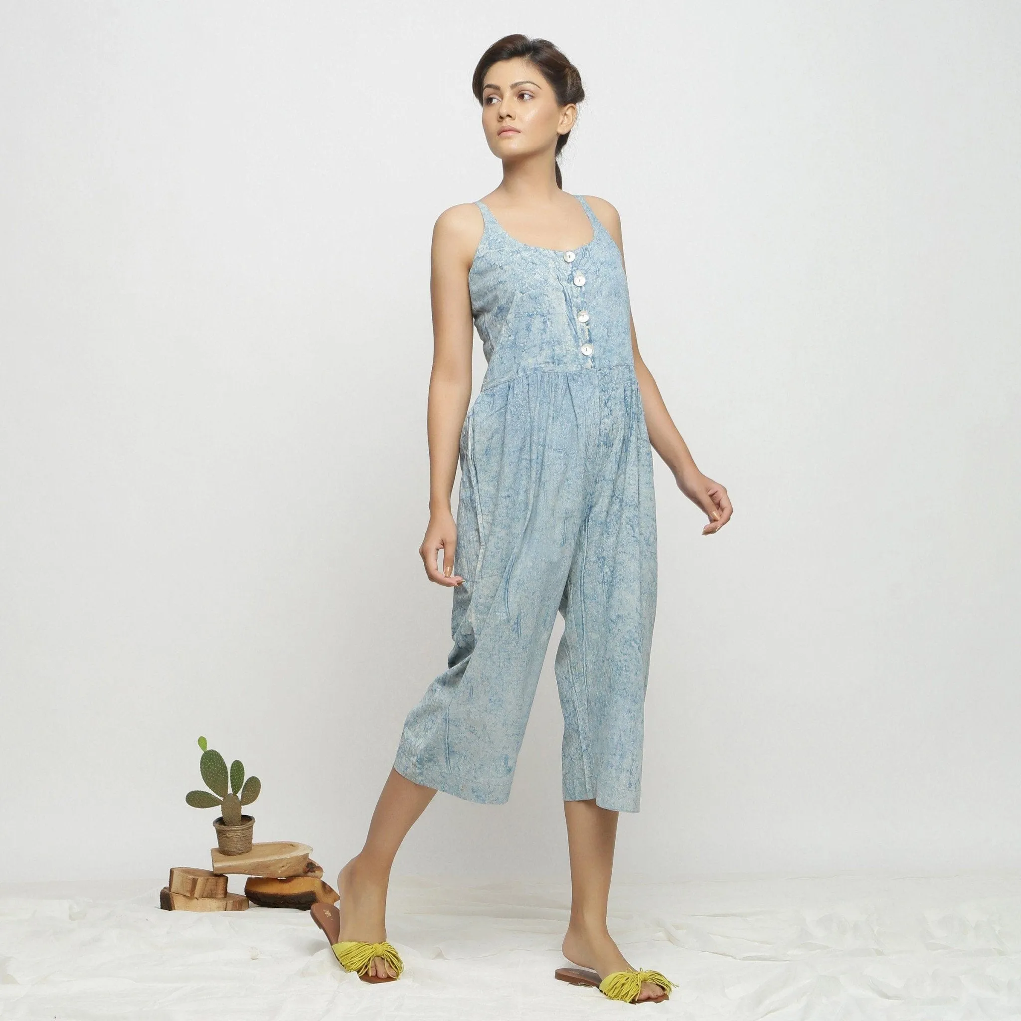 Blue Dabu Print Natural Dyed Cotton Midi Jumpsuit