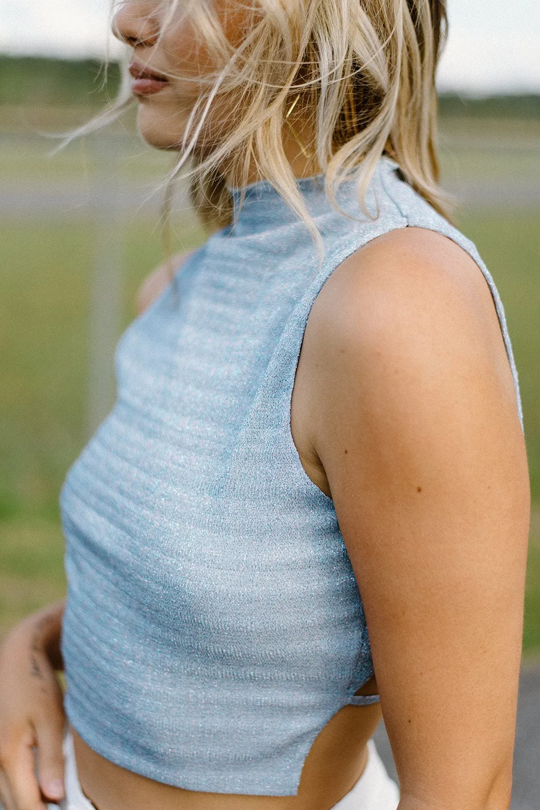 Blue Metallic Mock Neck Crop Top