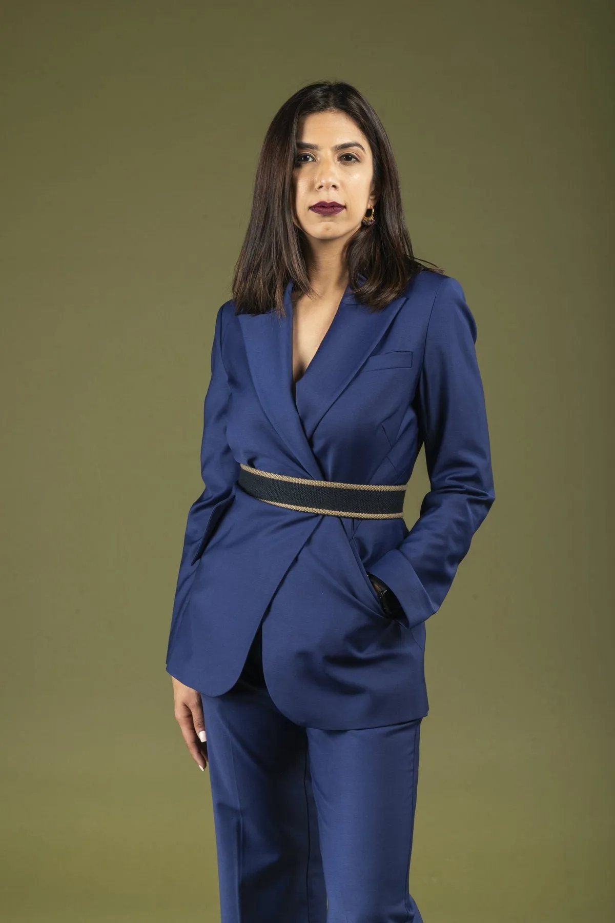 Blue Stretch Wool Tailored Suit for Ladies