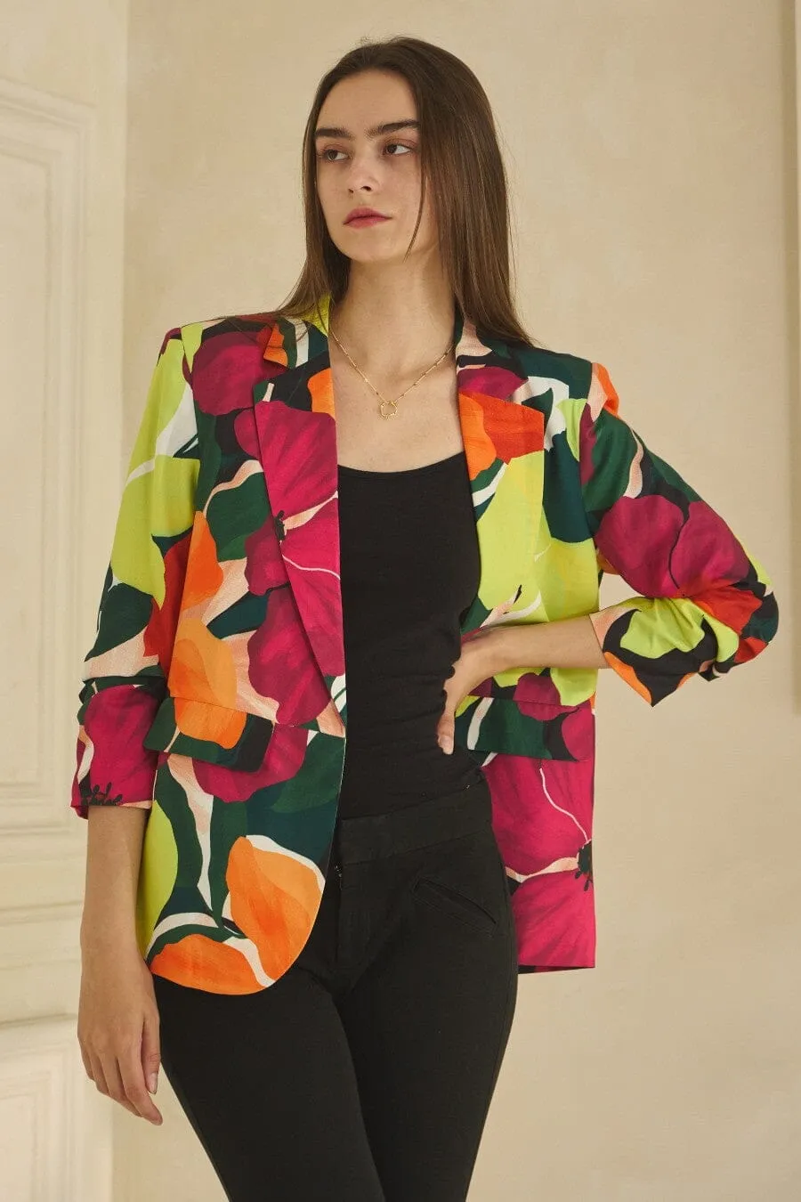 BRIGHT FLORAL PRINT OPEN BLAZER