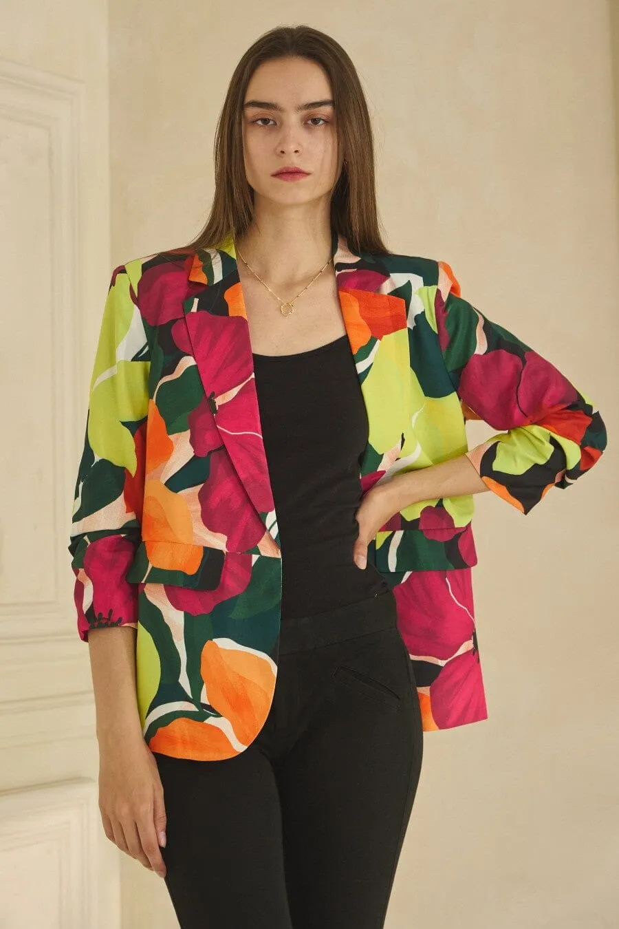 BRIGHT FLORAL PRINT OPEN BLAZER