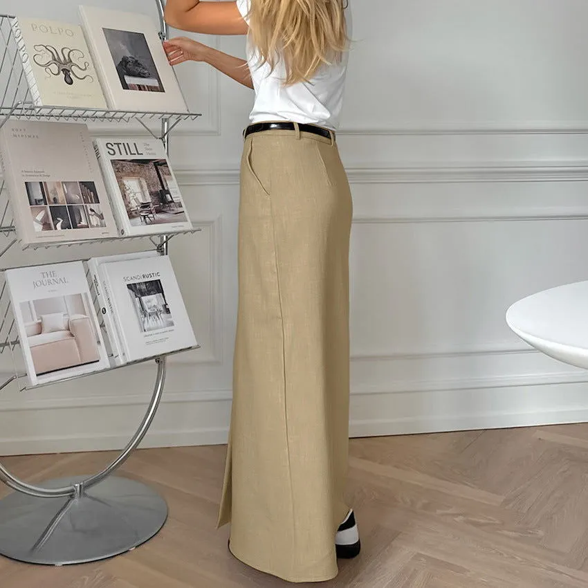 British Office Cotton Linen Straight High Waist Slit Skirt Autumn Arrival Long Skirt No Belt