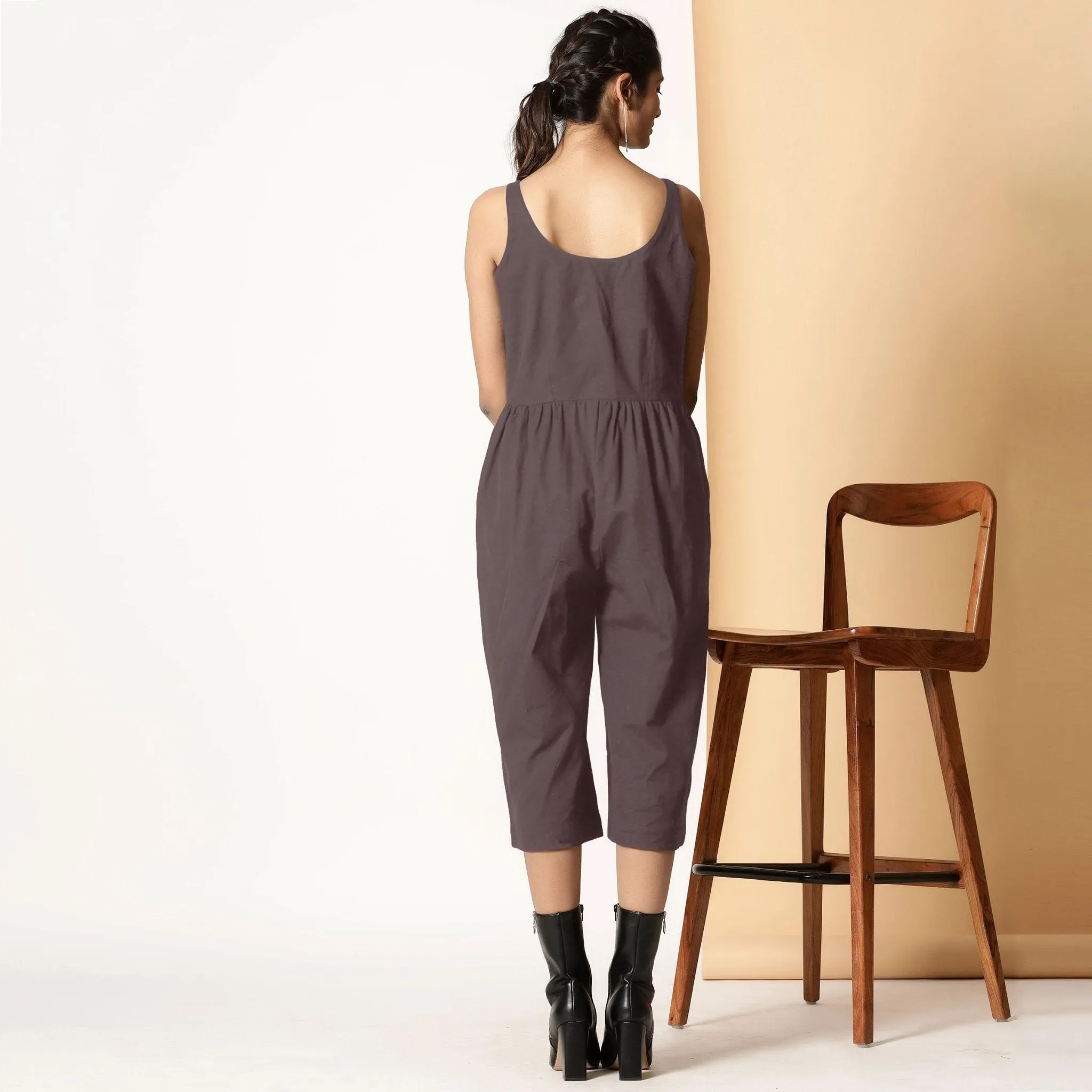 Brown Cotton Flax Button-Down Midi Jumpsuit