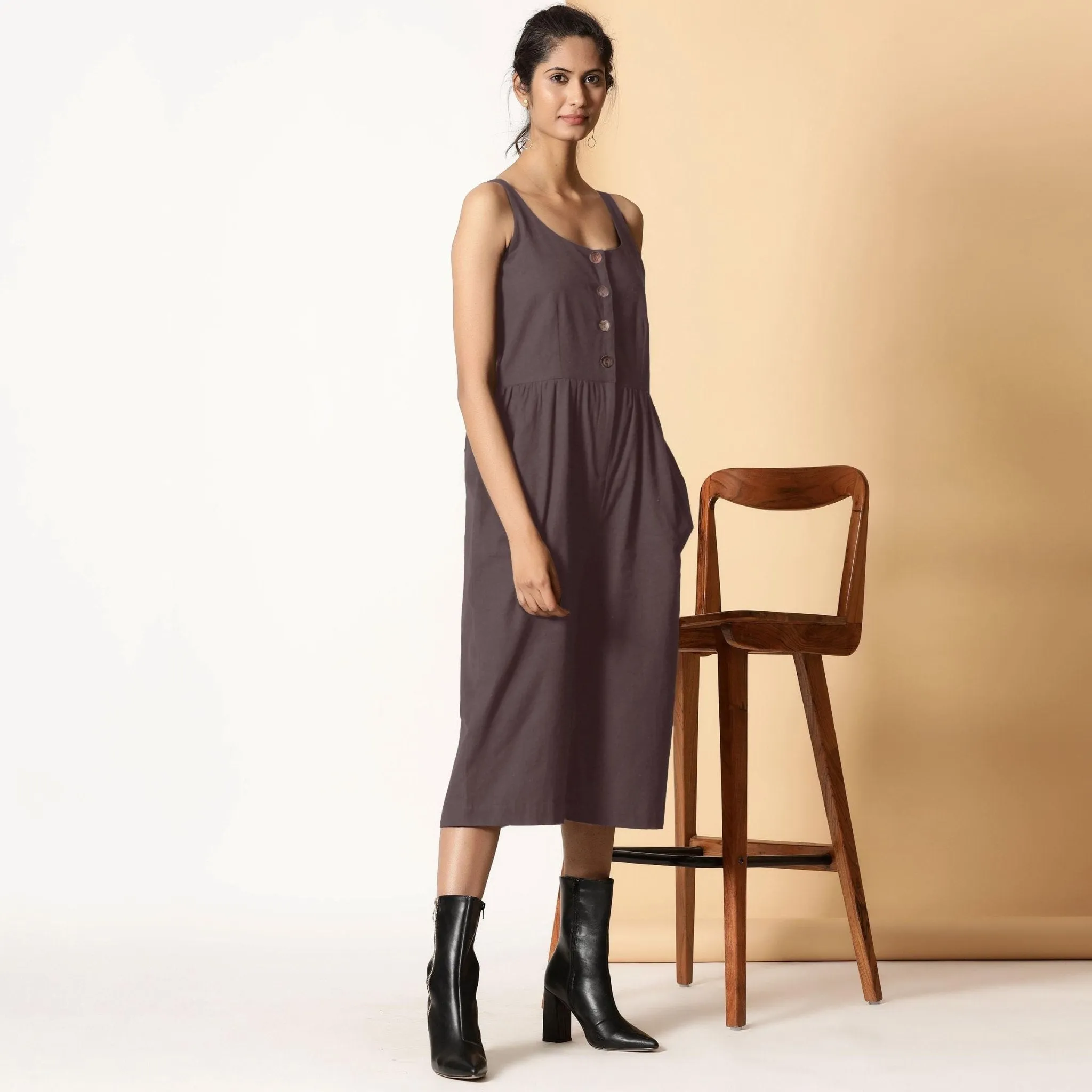 Brown Cotton Flax Button-Down Midi Jumpsuit