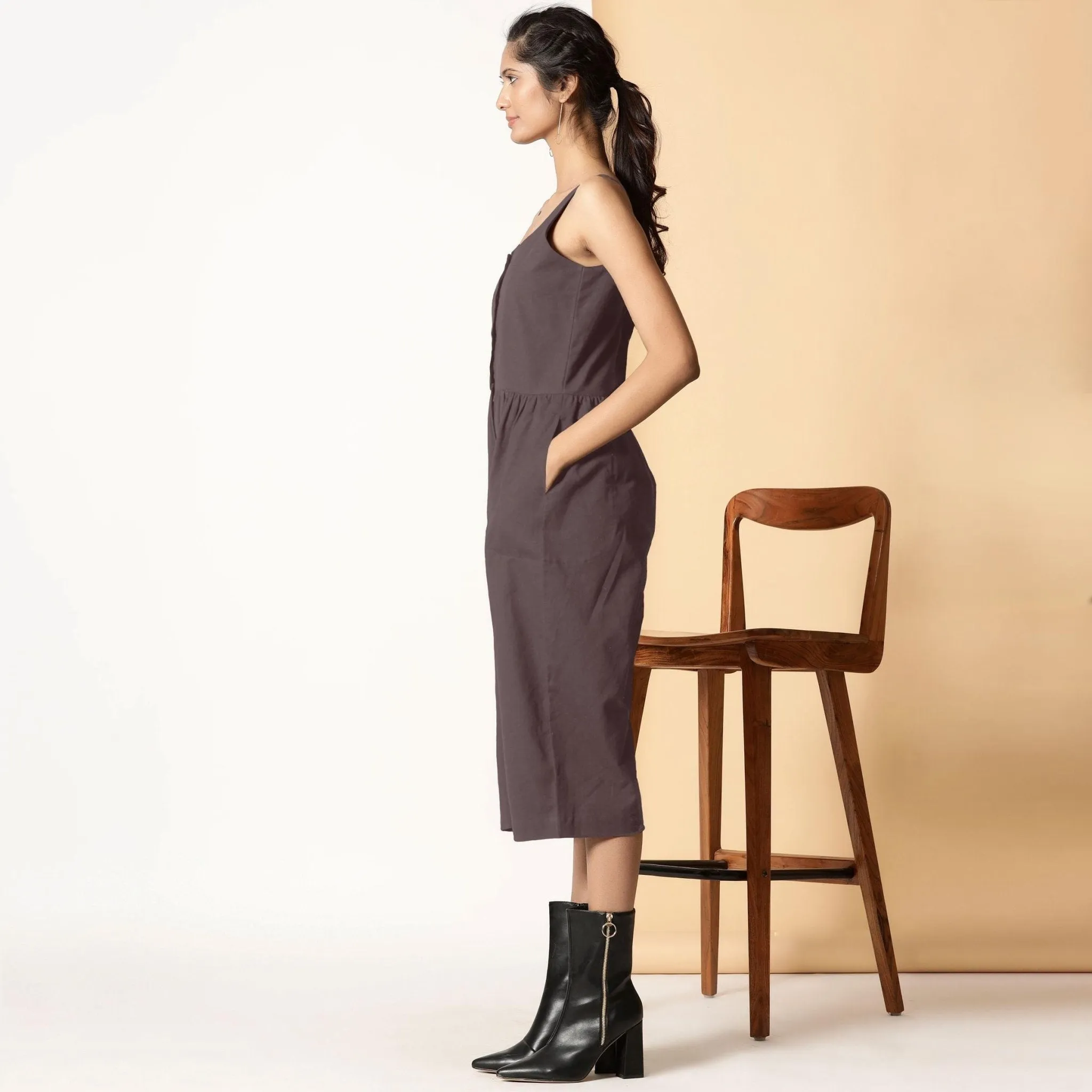 Brown Cotton Flax Button-Down Midi Jumpsuit