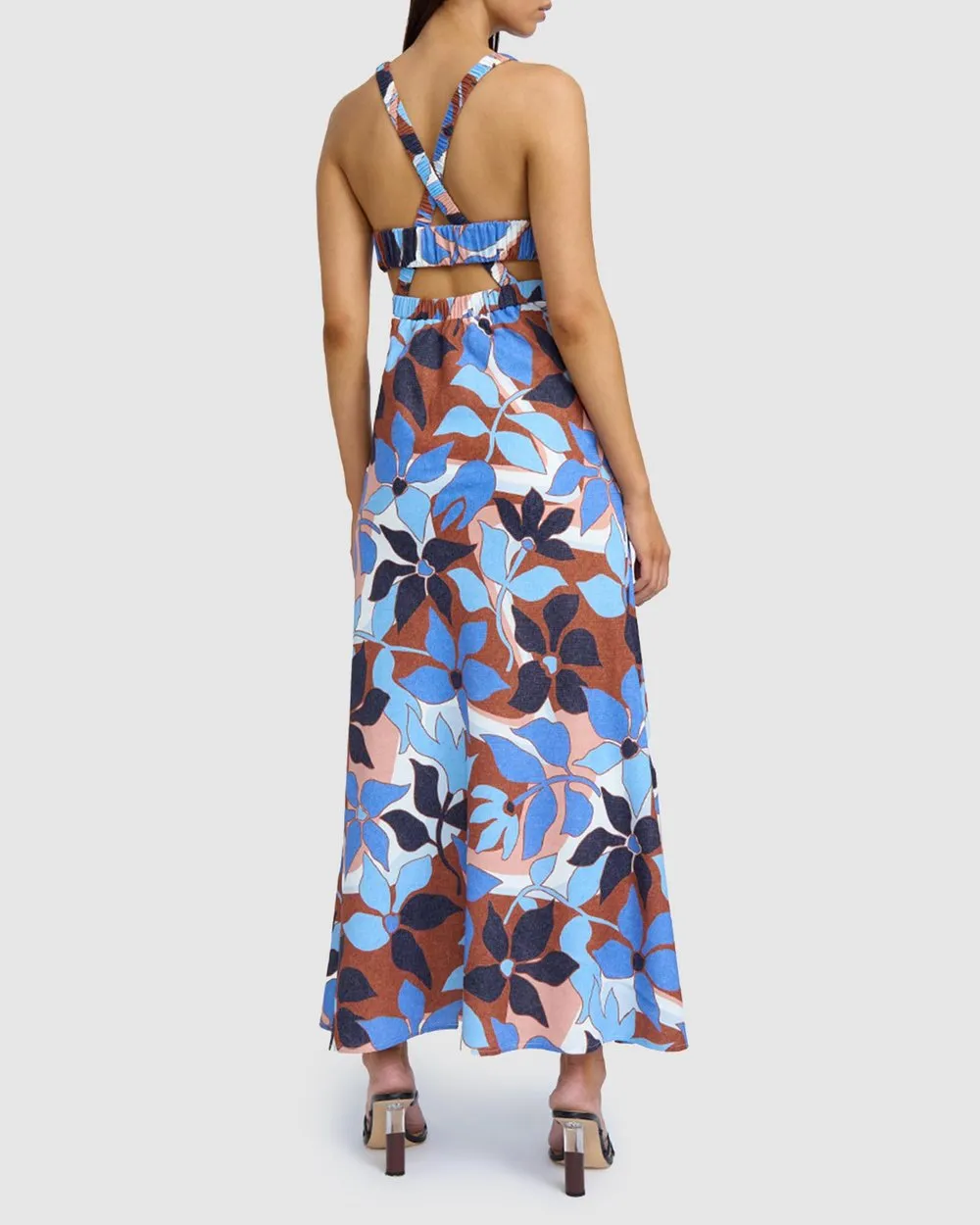 BY JOHNNY Ophelia Floral Bias Midi Dress Navy Tan Brown