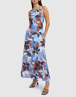 BY JOHNNY Ophelia Floral Bias Midi Dress Navy Tan Brown