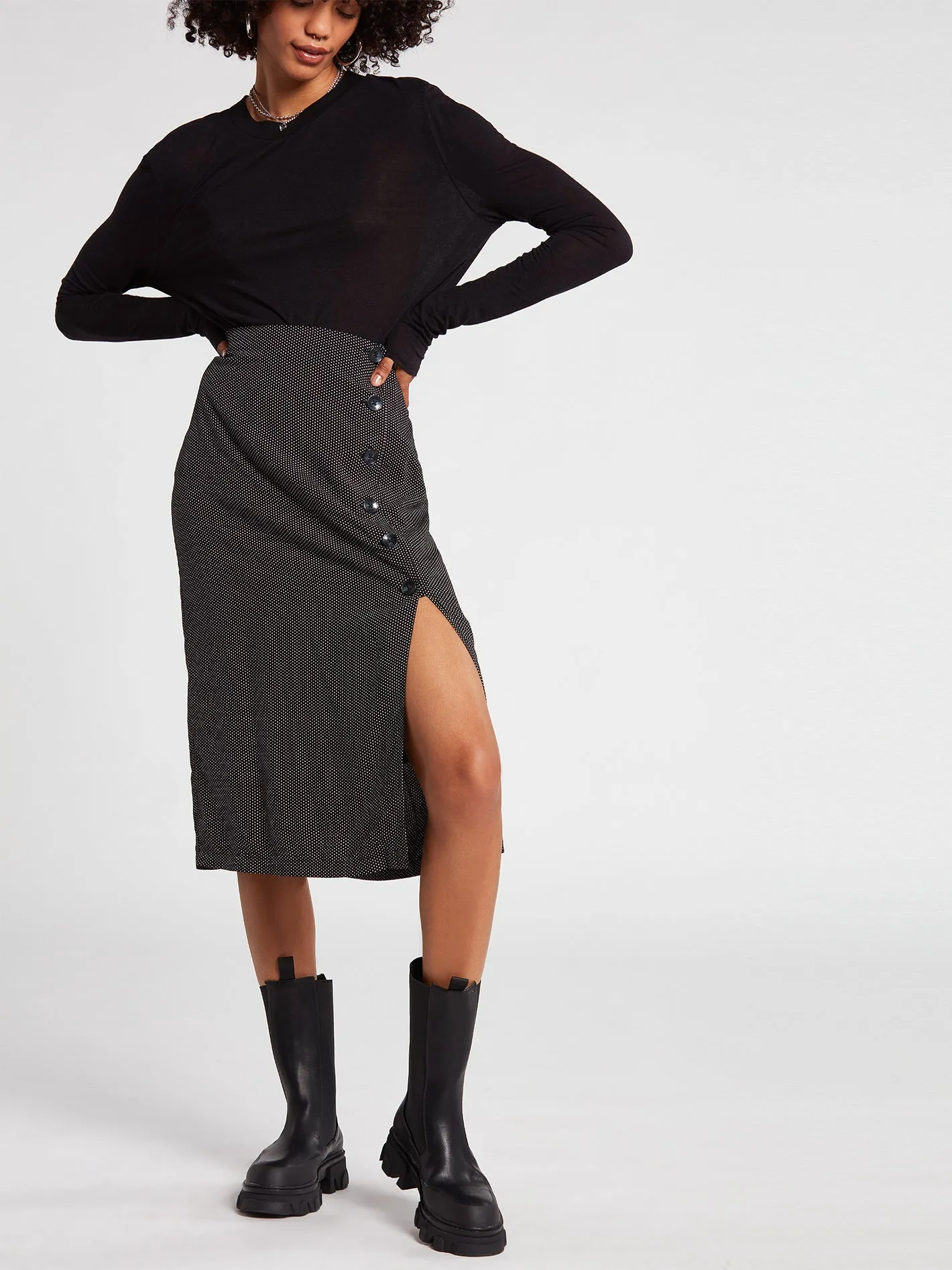 Call In Slick High Waisted Midi Skirt - Dot