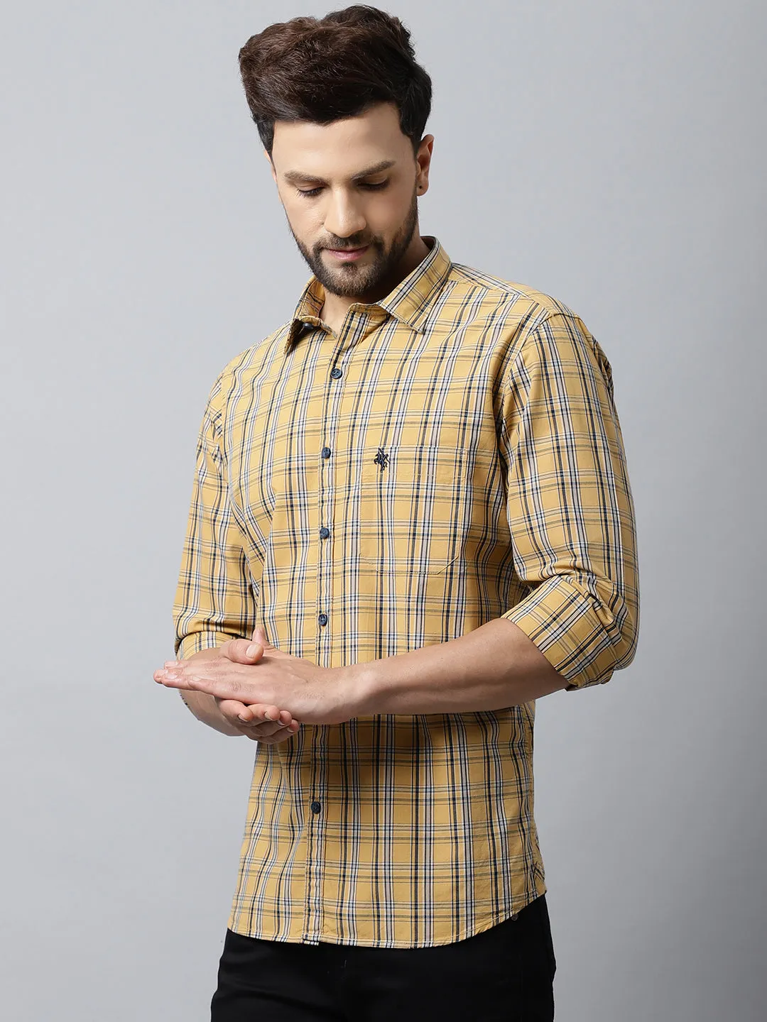 Cantabil Cotton Checkered Mustard Full Sleeve Casual Shirt for Men with Pocket