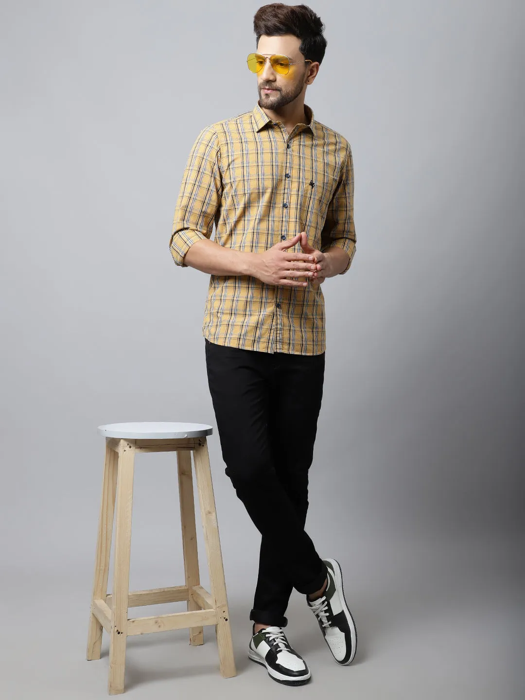 Cantabil Cotton Checkered Mustard Full Sleeve Casual Shirt for Men with Pocket