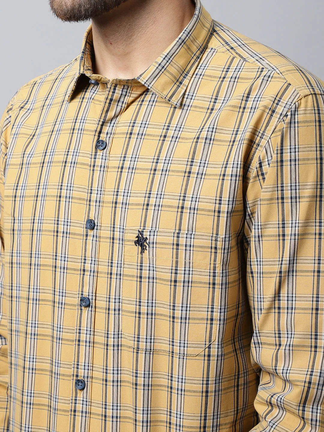 Cantabil Cotton Checkered Mustard Full Sleeve Casual Shirt for Men with Pocket